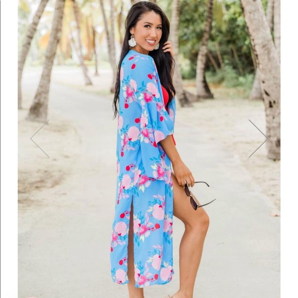 Pink Lily blue floral duster kimono sz L